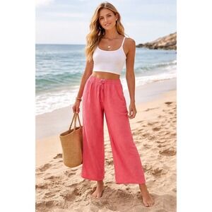 Bohemian Beach Pink Cotton Crop Wide Leg Pants Gauzy Vacation Size L Resort